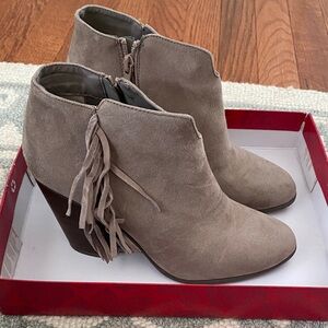 Carlos by Carlos Santana Fringe Suede Ankle Booties - Beige